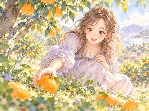 みかんの木の下で落ちたきれいな実を拾う女性