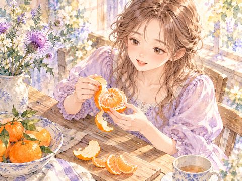 みかんの皮を丁寧にむき中の房を見つめる女性