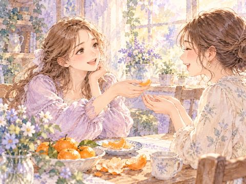 むいたみかんの房を笑顔で友人に分ける女性