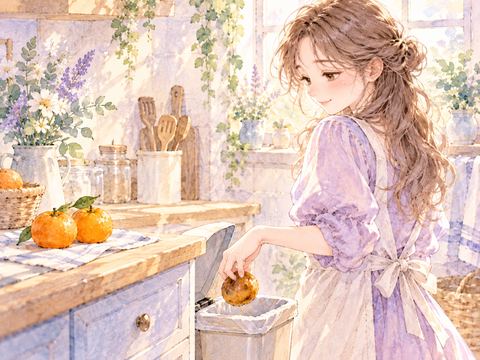 傷んだみかんを小さなごみ箱に捨てる女性