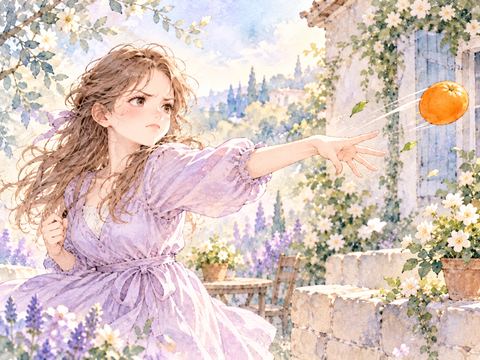 不満そうな表情でみかんを投げる女性
