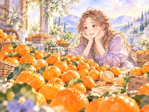 テーブルいっぱいのみかんを見て嬉しそうな女性