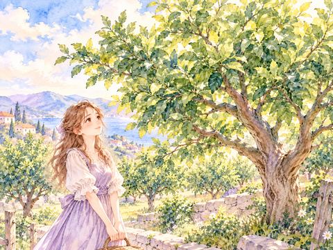 実のない青々としたみかんの木を見上げる女性