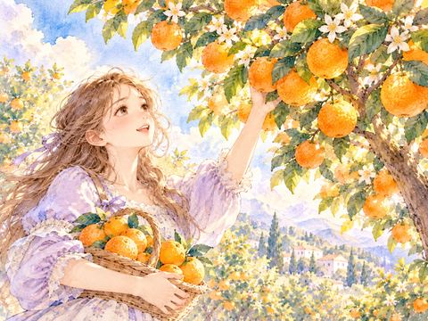 オレンジ色のみかんがたわわに実る木を眺める女性