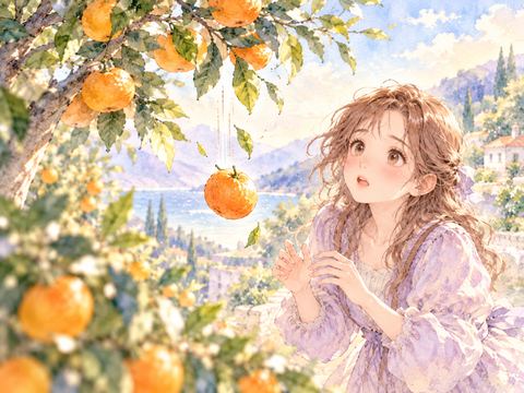 熟したみかんが枝から落ちる様子を見つめる女性
