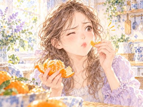 酸っぱいみかんを食べて思わず顔をしかめる女性