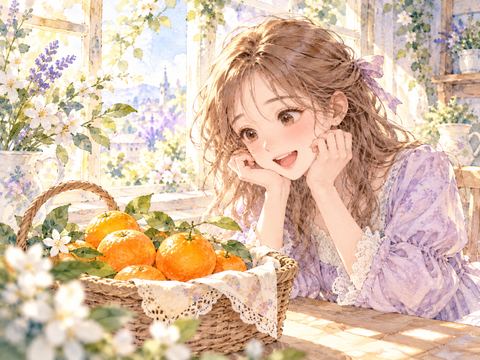 鮮やかなみかんを見つけて笑顔になる女性