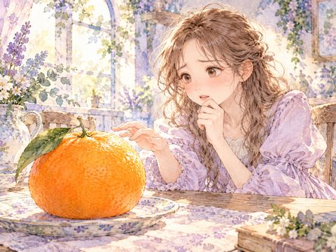 大きく立派なみかんを前に戸惑う女性