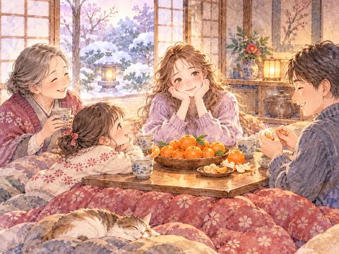 冬のこたつで家族とみかんを囲み懐かしむ女性