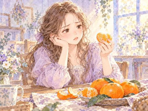 みかんを一房食べてがっかりした表情の女性