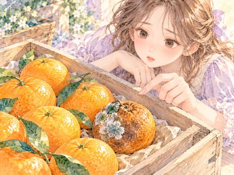 木箱の中で一部が腐り白いカビの生えたみかん