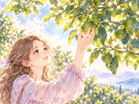 緑の葉に囲まれた枝に実る青く未熟なみかん