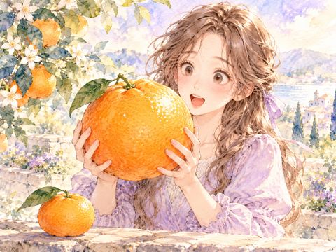 両手いっぱいの大きなみかんを驚きながら見つめる女性