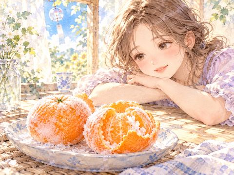 白い霜がついた冷凍みかんを小皿に載せた様子