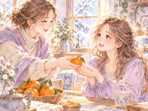 友人からみかんを手渡され嬉しそうに受け取る女性
