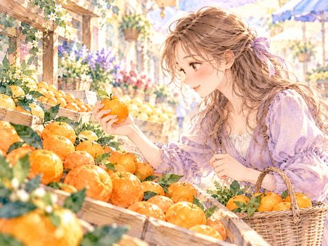 青果店で並んだみかんから一つを選ぶ女性