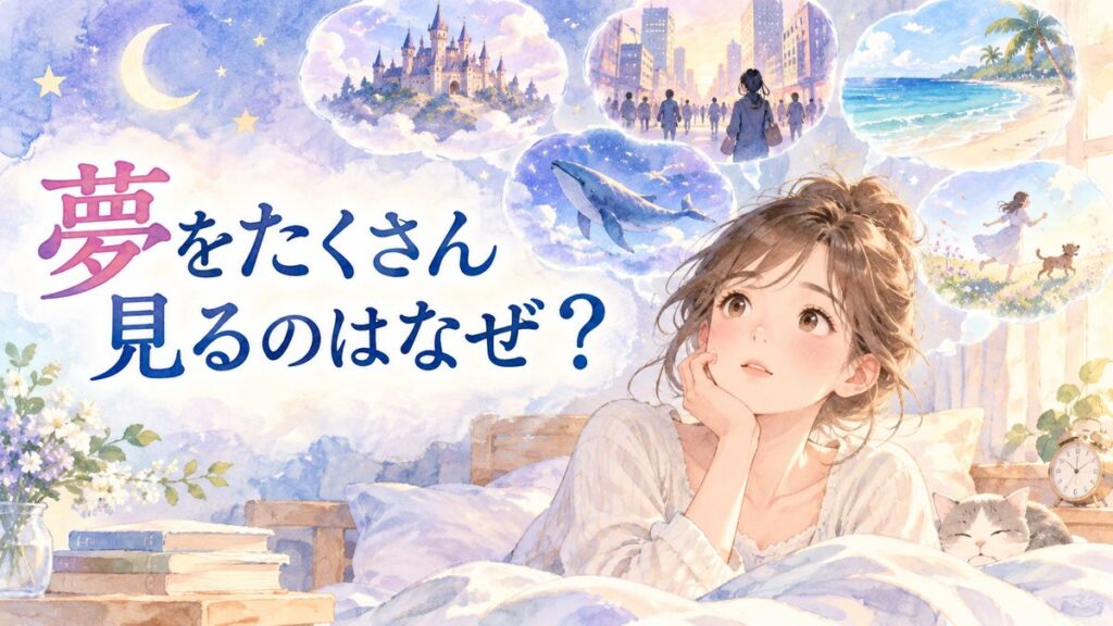 目覚めた女性の周囲に複数の夢の場面が浮かぶイラスト