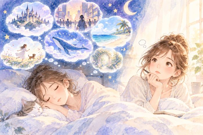 眠る女性の夢の断片と目覚めて思い返す女性
