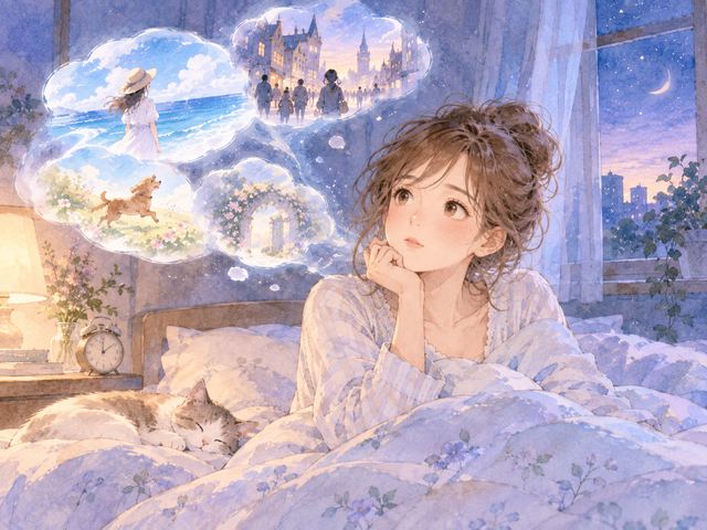 夜中に目覚めて直前の夢を思い返す女性