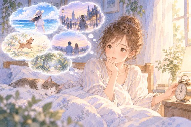 朝に複数の夢を思い返しながら時計を見る女性