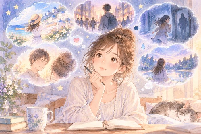 複数の夢の断片に共通する人物や感情を見つめる女性