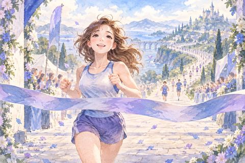 ゴールテープを切って安堵する大人の女性