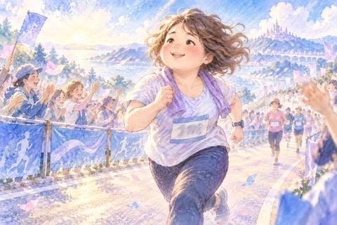 沿道の声援を受けて走る大人の女性
