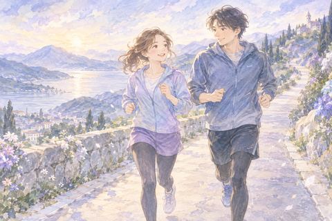 並んでマラソンを走る大人の女性と相手