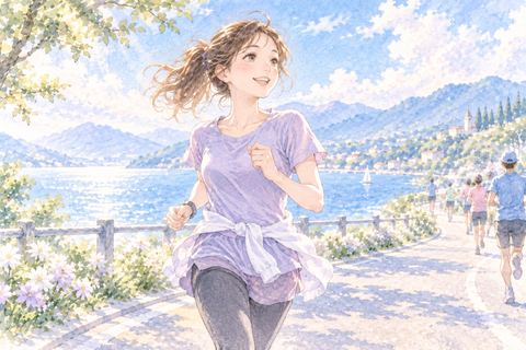 楽しそうにマラソンコースを走る大人の女性