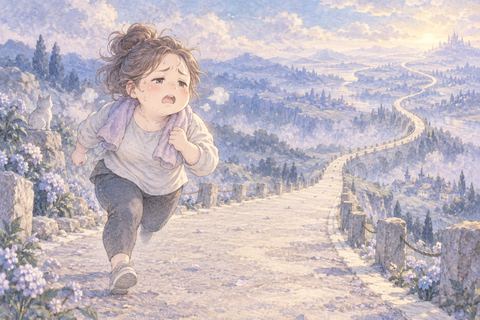 息を切らしながら走り続ける大人の女性