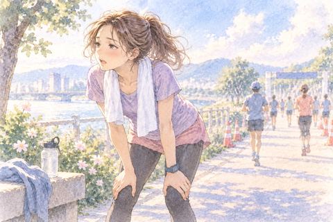 マラソン後に疲れて休む大人の女性
