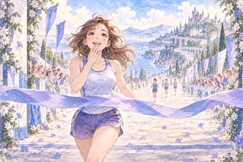 マラソンで一位になり驚く大人の女性