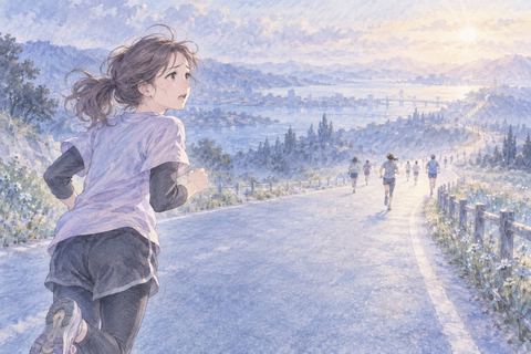 前を走る人々に遅れて焦る大人の女性