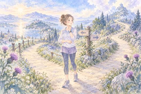 分かれ道で進路に迷う大人の女性ランナー