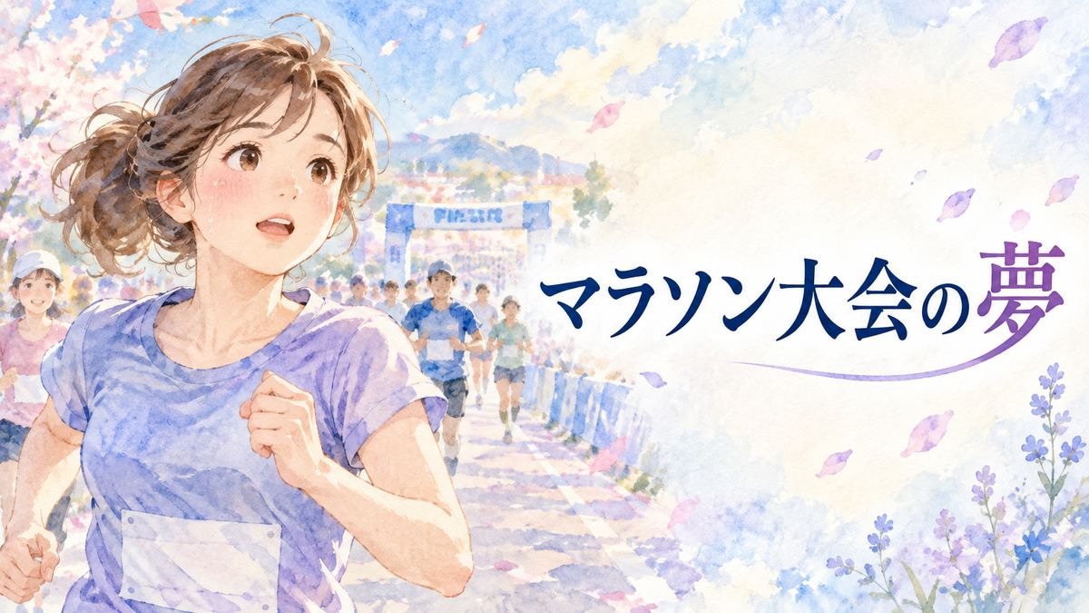 マラソン大会を走る大人の女性と遠くのゴール