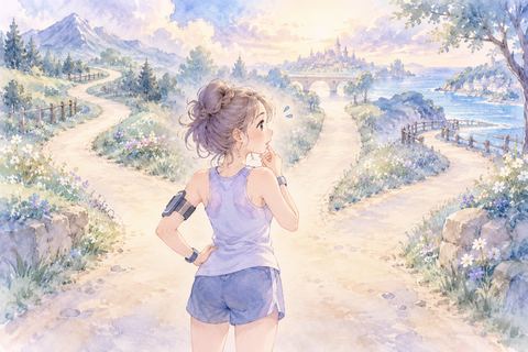 分かれ道でコースに迷う大人の女性