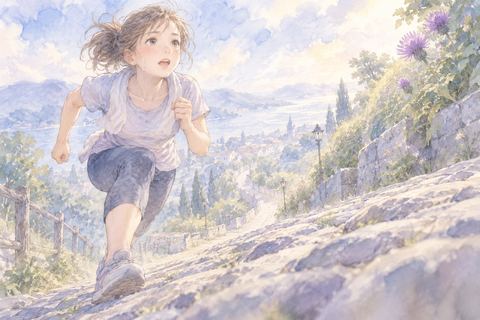 急な坂道を懸命に走る大人の女性