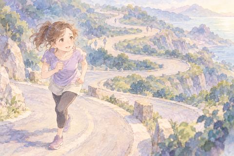 曲がりくねったコースを走る大人の女性