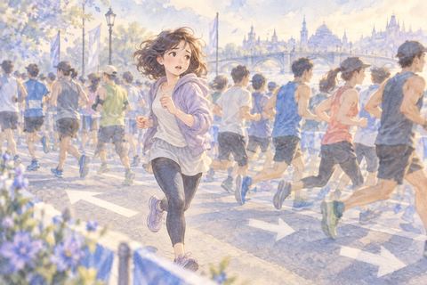 他の走者と逆方向へ走る大人の女性