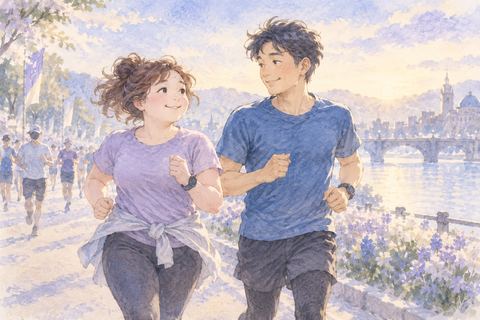 並んでマラソンを走る大人の女性と相手