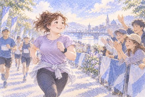 沿道の声援を受けながら走る大人の女性