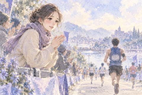 沿道から走者を応援する大人の女性