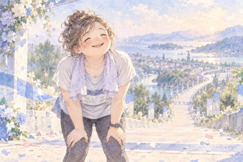 マラソンを走り切って安堵する大人の女性