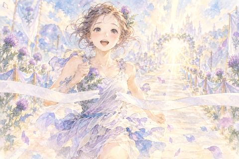 ゴールテープを越える大人の女性
