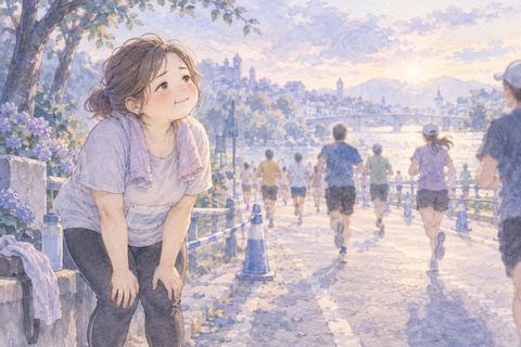 マラソン途中でコース脇に立ち止まる女性