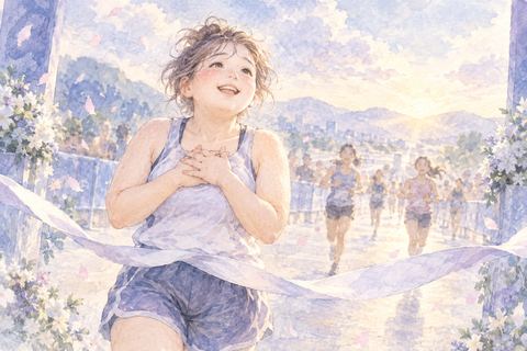 マラソンで一位になり喜ぶ大人の女性