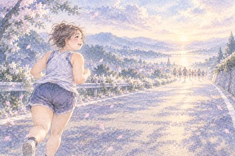 最後尾を走りながら前を見る大人の女性