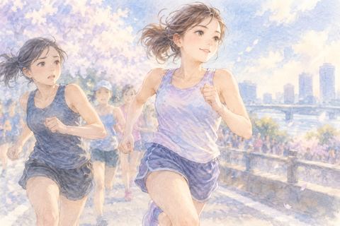 走者を追い抜いて前へ出る大人の女性