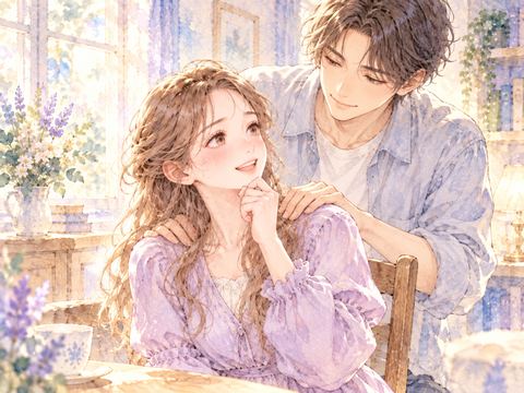 男性に肩を優しく揉まれ少し照れる女性