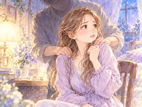 顔の見えない人物に肩を揉まれ怖がる女性